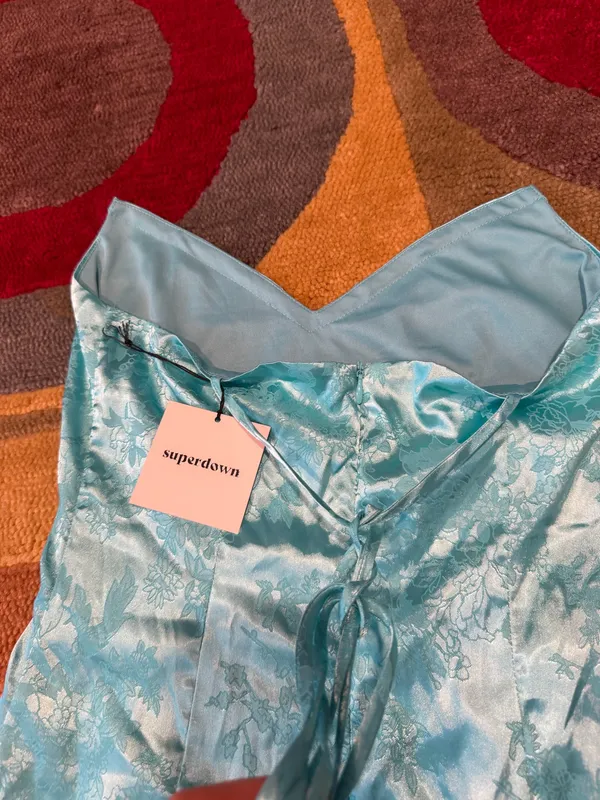 NWT Superdown Aqua Blue Satin Strapless Mini Dress Tie Back FLAWED See pics S - Image 6