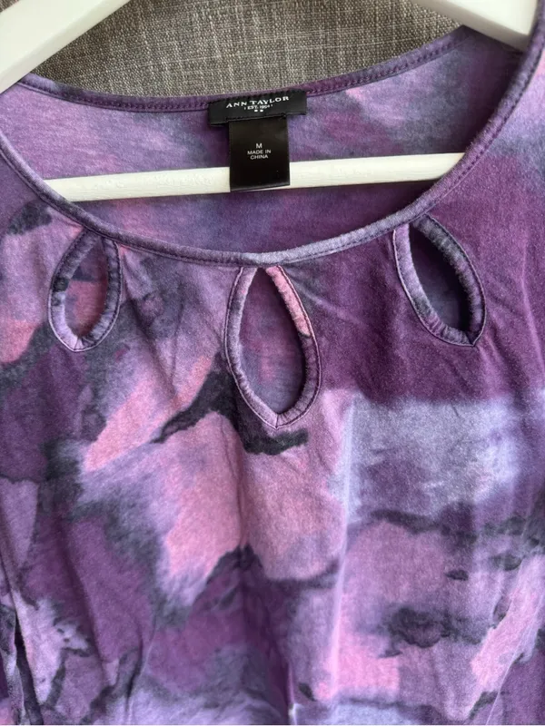 Ann Taylor Purple Tie-Dye Keyhole 3/4 Sleeve Top - Image 3