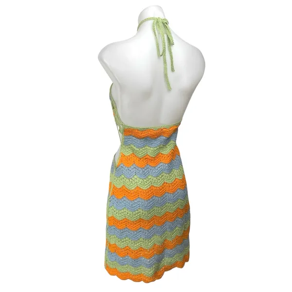Zara Multicolor Halter Sleeveless Striped Crochet Knit Cutout Mini Dress Size S - Image 2