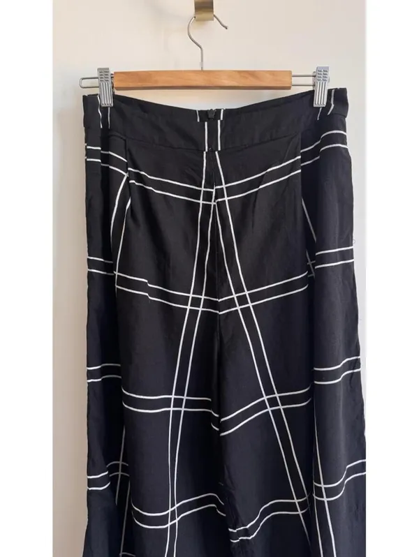 Anthropologie Sancia Black Windowpane Wide Leg Pants Size S Side Slit Cotton Resort - Image 4