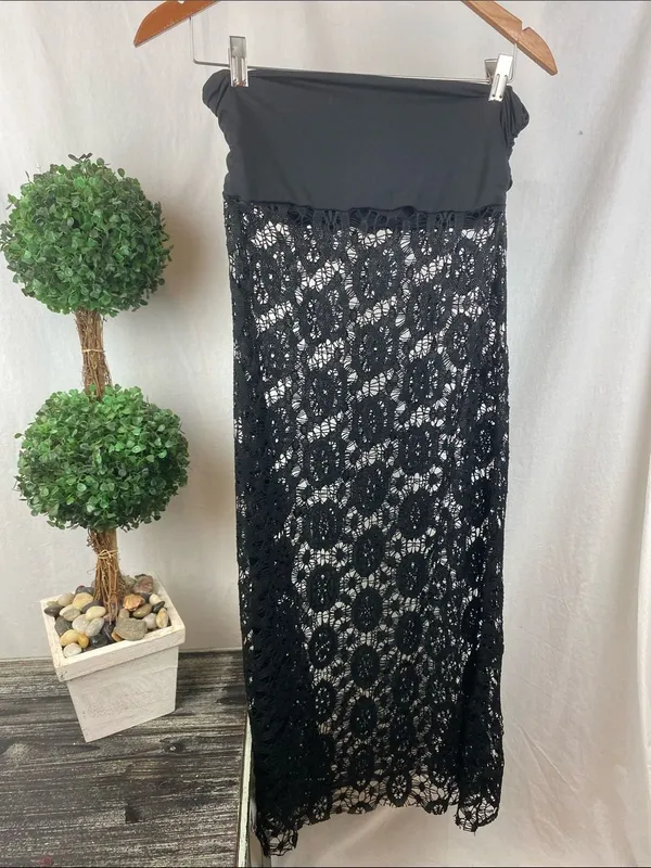 Black Sheer To Waist Maxi Long Lace Skirt M - Image 2
