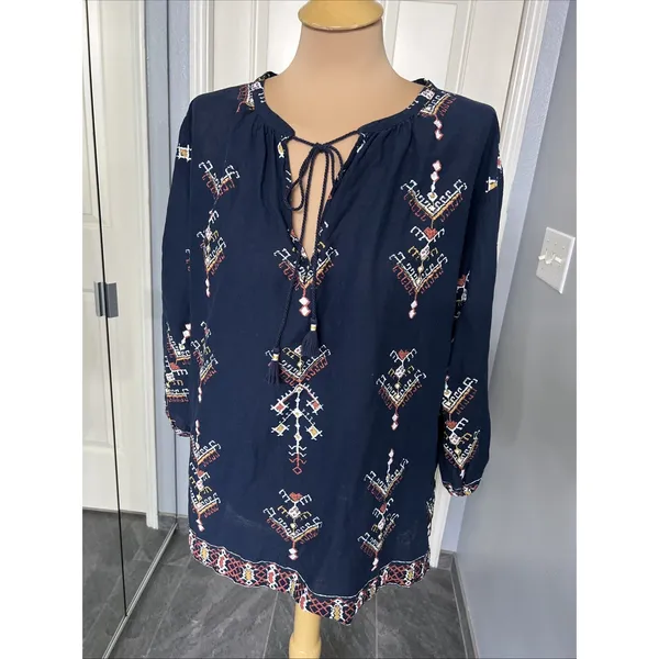 Madewell Women's Navy Embroidered Peasant Top‎ Size Medium Aztec Southwest Boho - Image 3