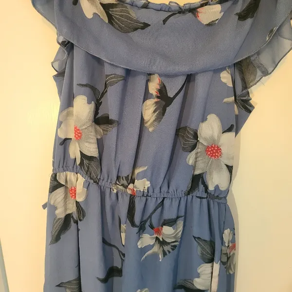 Hint of Blush Long Maxi Flutter Dress Size Large Magnolia Floral Blue High Low - Image 7