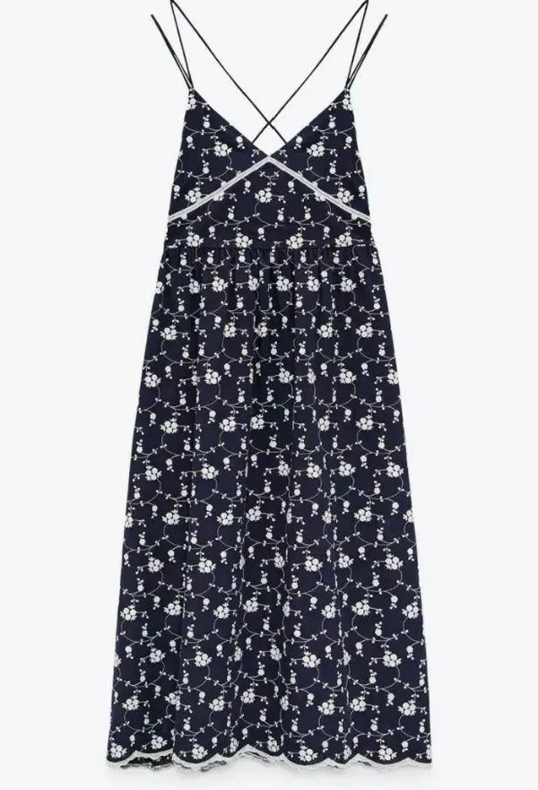 Navy Strappy Embroidered Dress - Image 3