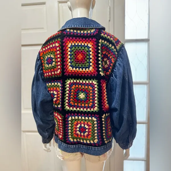 Farm Rio X Anthropologie Crochet Denim Trucker Jacket SZ Medium - Image 3