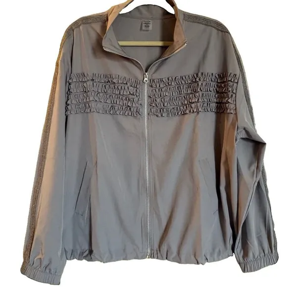 House of Mae Taupe Ruffle Zip Jacket Women’s Large Stretch Lightweight - Image 2