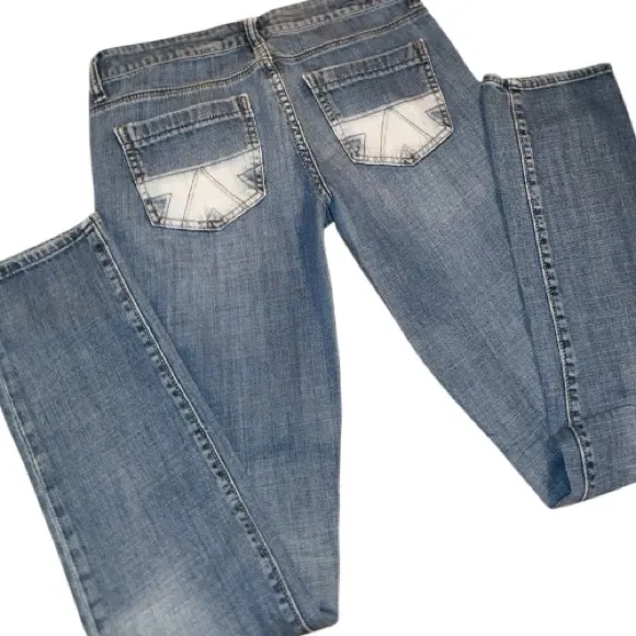 American Eagle Vintage Low Rise Blue Jeans Embroidered Bleached Pattern Pockets - Image 2