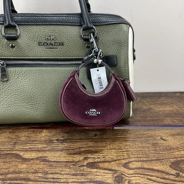 New Coach Mini Carmen Bag Charm Keychain Burgundy Velvet Leather Gunmetal CCF19 - Image 9