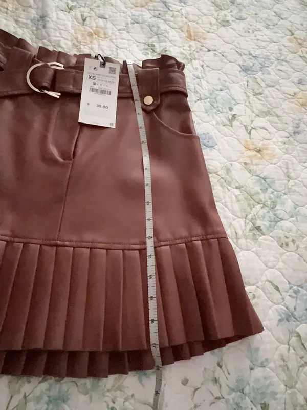 Zara Brown Faux-Leather Pleated Hem Mini Skirt with Belt - Image 2