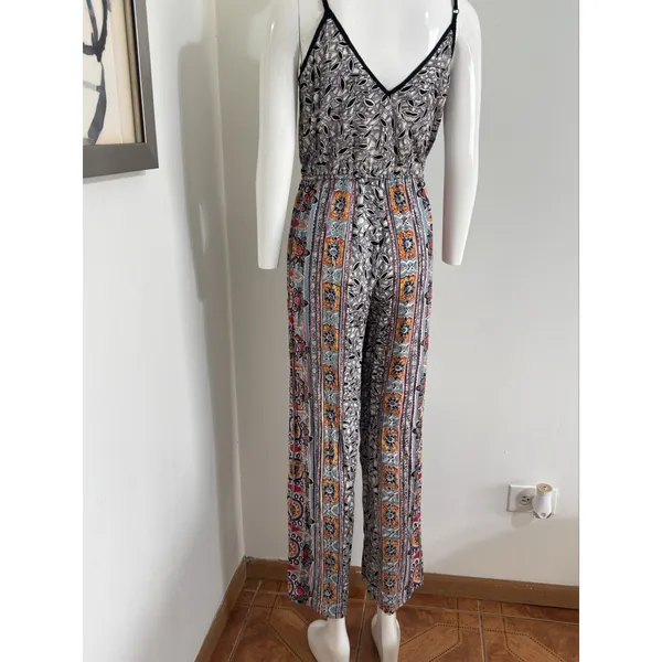 Angie Women’s Boho Wide Leg Jumpsuit Black Orange Spaghetti Strap Festival M - Image 6