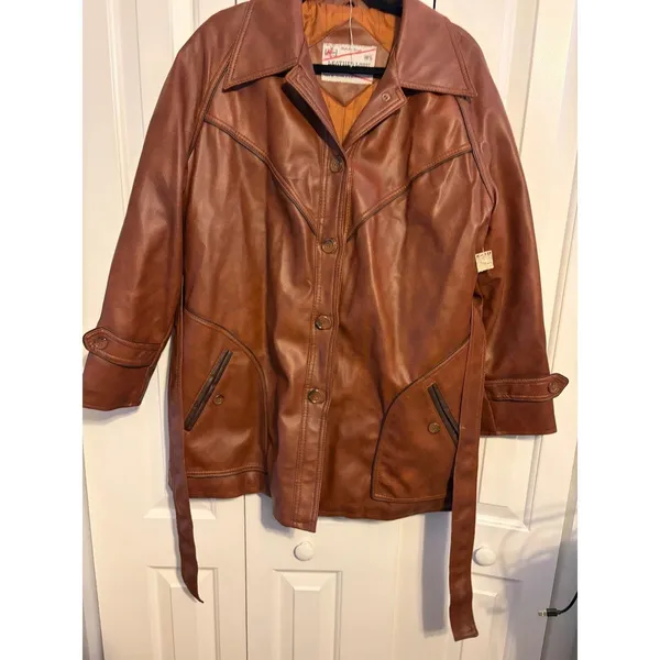 Vintage Kmart Leather Look Pantcoat‎ Brown Faux Leather Belted Jacket 70s 18.5 - Image 6