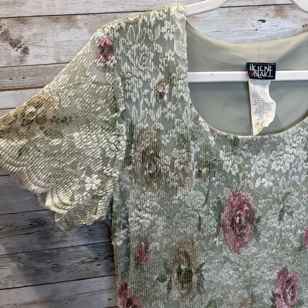Vtg 90s Helene Blake Womens 12 Dress Sage Green Floral Lace Cottagecore Made USA - Image 3