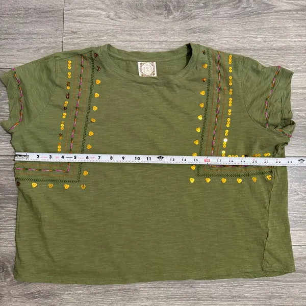 100% Cotton Women‎ Tee Size L Olive Green Embroidered Sequin Slub Crop Bohemian - Image 4