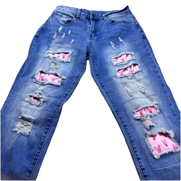 Distressed Heart Patch Jeans Cute Y2K Aesthetic Denim Ripped Straight Leg Pant M - Image 3