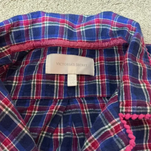 Victorias Secret Plaid Pajama Top Shirt‎ Pink Blue White Metallic L G - Image 5