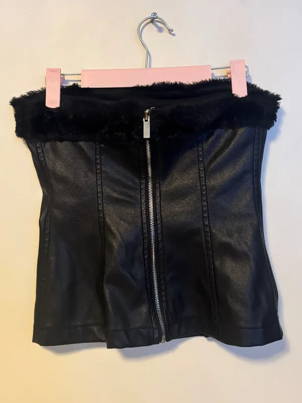 WeWoreWhat Fur Trim Faux Leather Corset Strapless Tube Top Black Womens Size 8 - Image 3