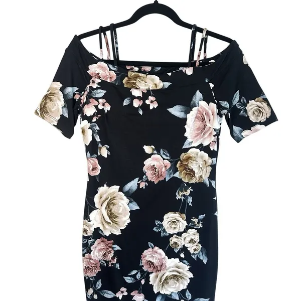 Haute Monde Floral Midi Dress M Black Off The Shoulder Sheath Bodycon‎ Pink Rose - Image 3