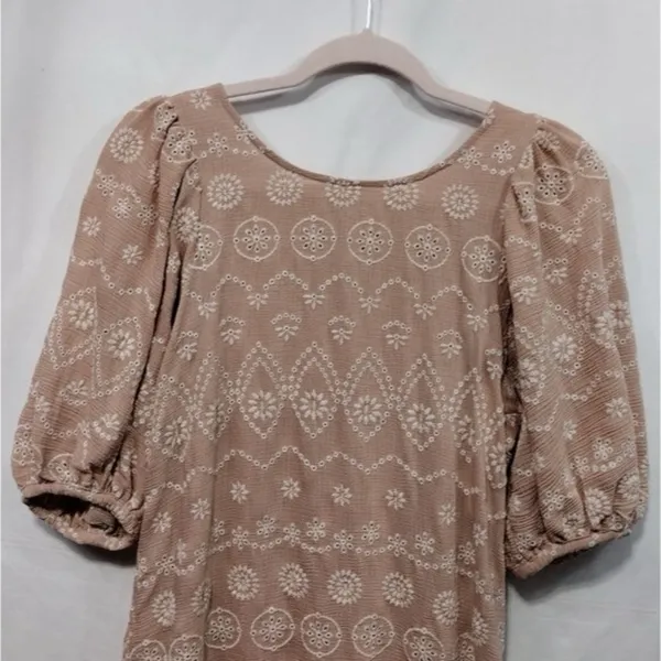 BLU PEPPER Soft Pink Embroidered Eyelet Mini Dress Small Coquette Cottagecore - Image 5