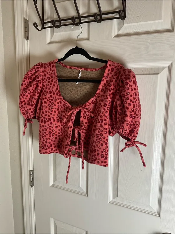 Free People Sweet Sun Top Puff Sleeve Tie-Front Cropped Top size Small - Image 3