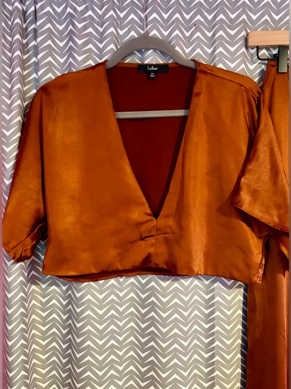 Lulus | Flirt For Fun Rust Brown Tie-Front Two-Piece Wide-Leg Jumpsuit, XS - Image 6