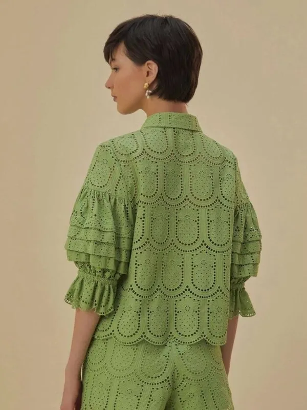 Farm Rio Pineapple Eyelet Scalloped Hem Button-Front Blouse Green Women's Small - Image 2