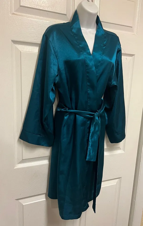 Icollection Teal Short Satin Robe Blue Size L - Image 6