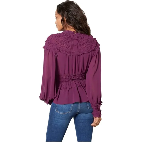 FARM RIO Ruffled Pleated Burgundy Purple Peplum‎ Blouse Sheer Sleeve Top XS - Image 3