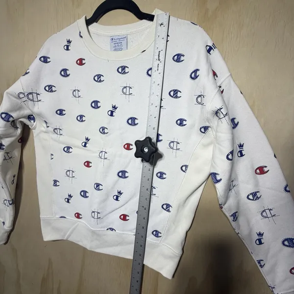 Champion Reverse Weave Crop Sweatshirt‎ Medium White All Over Logo Print - Image 5