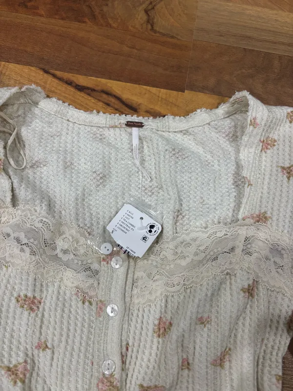 Free People Lets Party Cardi Floral lace trim cotton Waffle Knit Square Neck Long Sleeve Button Front Top - Image 5