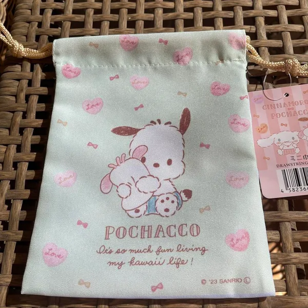Sanrio Blue Light Green Small Drawstring Bag With Pochacco And Cinnamoroll - Image 4