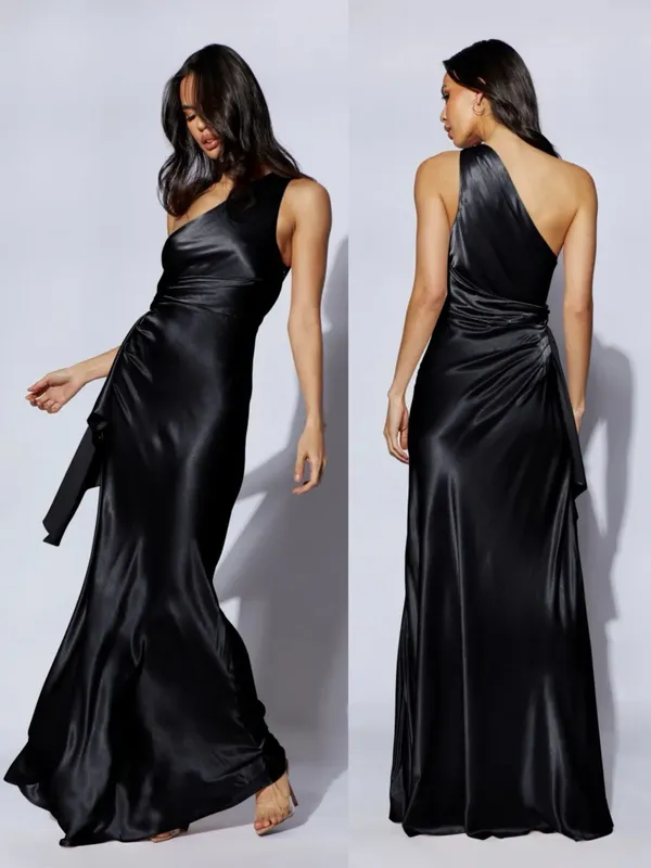 Meshki • Calliope One Shoulder Maxi Dress gown black satin formal evening draped - Image 10