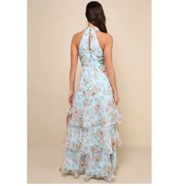 Lulus Forever Exceptional Light Blue Floral Halter‎ Organza Maxi Dress, Medium - Image 3