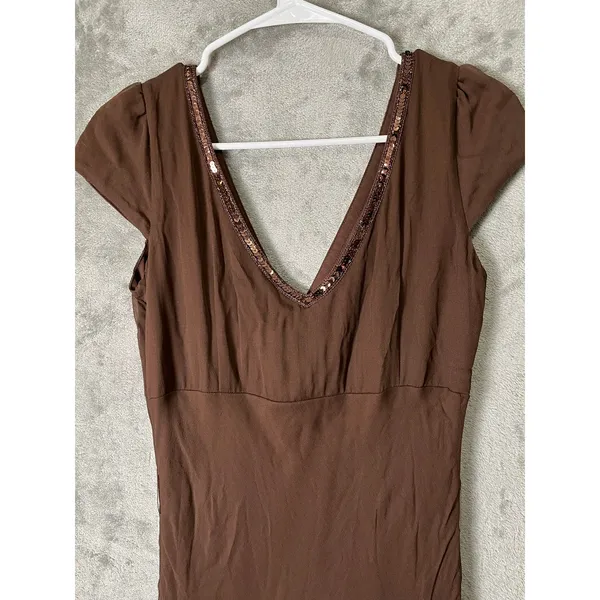 Vintage Y2K Babydoll Silk Chiffon Sequin Brown Midi Dress Small‎ Earth Fairy New - Image 4