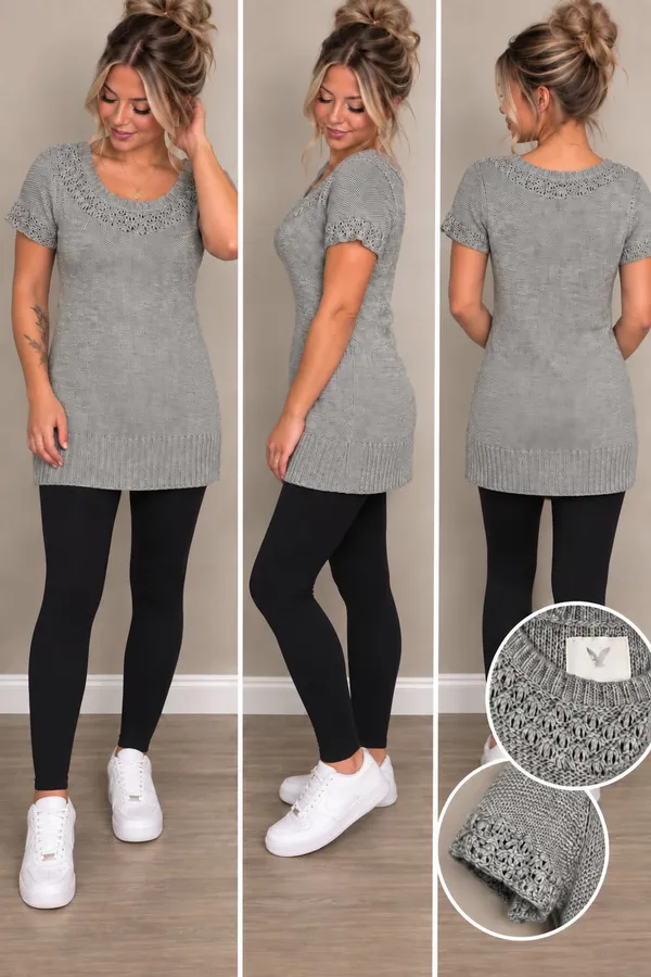 American Eagle Outfitters Knit Sweater Size M Gray Short Sleeve Tunic - Image 2