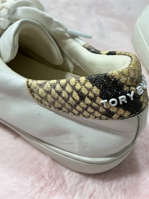 Tory Burch White Leather Sneakers with Black Logo and Snakeskin Trim 159 - Image 8