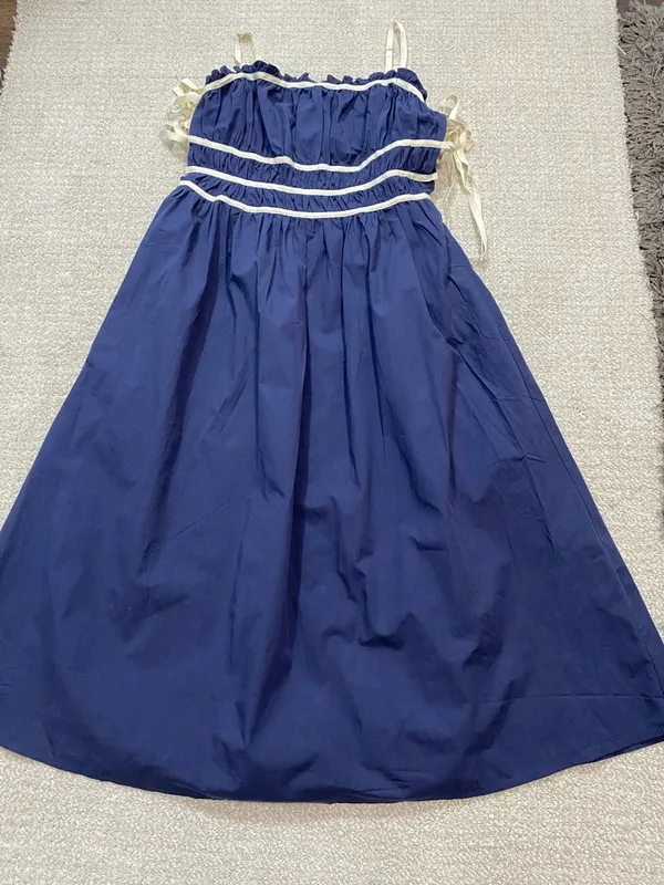 Navy Midi Dress with White Trim and Spaghetti Straps Size L 100% Cotton - Image 13