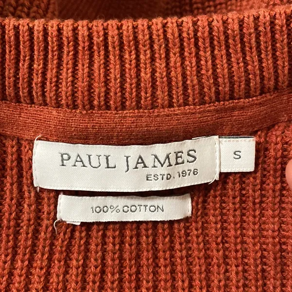 Paul James cotton ribbed v-neck sweater in rust hue size S - Image 9