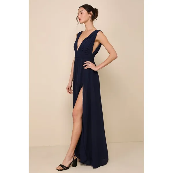 Lulus Maxi Dress Womens S Navy Heavenly Hues Pleated Side Slit Formal Elegant - Image 10