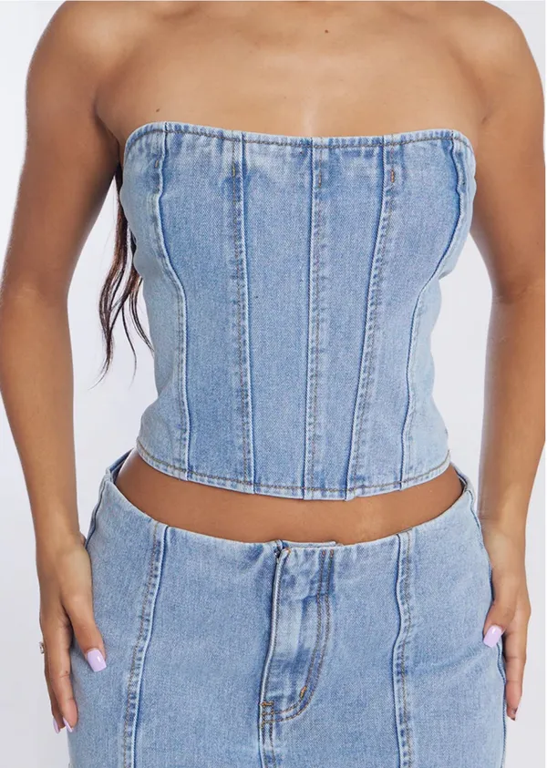 Pretty Little Thing Bandeau Denim Corset Top - Image 2