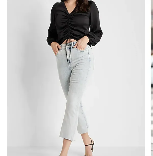 Express High Waisted Light Wash Raw Hem Cropped Flare Jeans - Image 5