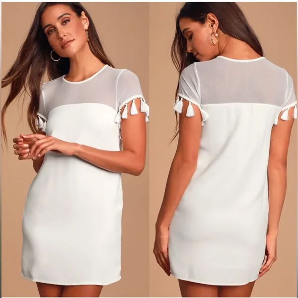 Lulus‎ Iced Latte White Short Sleeve Tassel Shift Dress Size S - Image 2