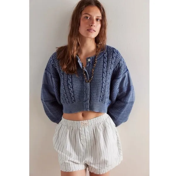 Free People Patchwork Chunky Cable Knit Heritage Cardi Cardigan Sweater Medium - Image 2