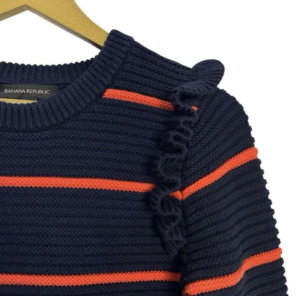 Banana Republic Chunky Knit Crewneck Sweater Size M Navy Striped Ruffle Preppy - Image 2