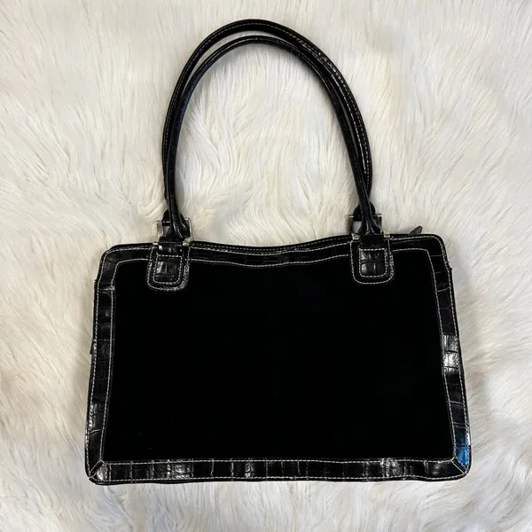 Jaclyn Smith Black Suede Croc‎ Embossed Trim Shoulder Bag Purse Tote Work Bag - Image 3