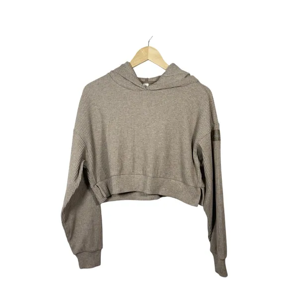 Alo Yoga Women’s Muse Cropped Ribbed Hoodie in Gravel Heather Tan Size S - Image 5