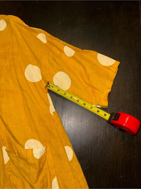 Linen Mustard Yellow Polka Dot Button Front Shirt Dress Tunic Boho Pockets XL - Image 5