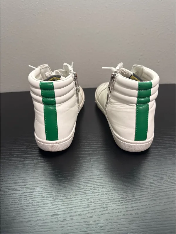 Vintage Hudson White Leather High Top Sneakers with Green Stripe and Star Accent - Image 3
