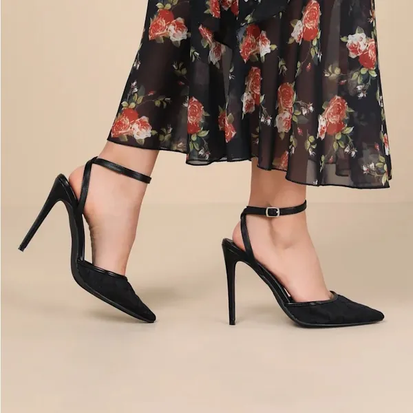 Lulus Louize Black Embroidered Ankle-Strap Heels - Image 2