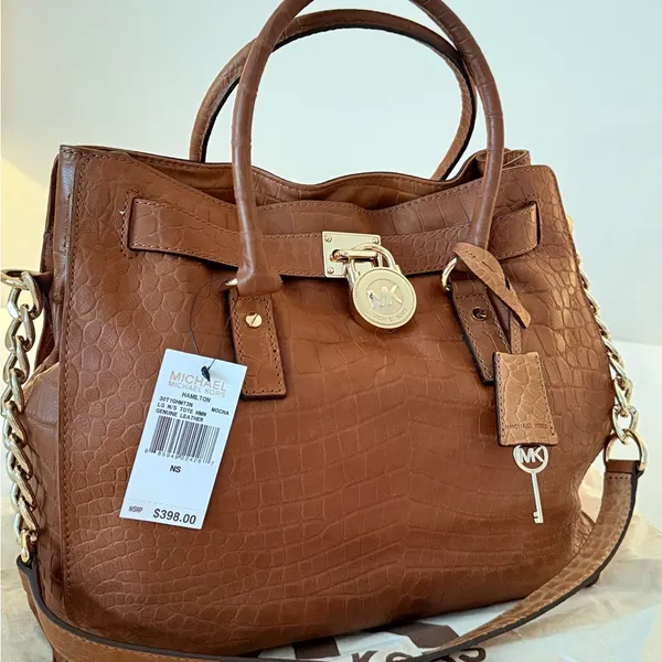 NWT Michael Kors Hamilton Croc-Embossed Leather Satchel - Brown/Gold - Image 2