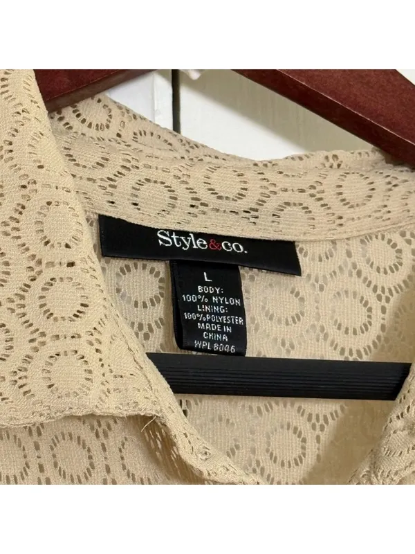 Style & Co Beige Lace Short Sleeve Collared Button Down Top Large Vacation Beach Tan Shirt - Image 3